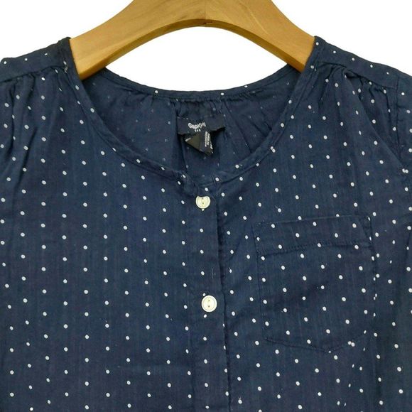 Gap Kids Girls Blouse Medium Navy Polka Dots Short Sleeve Tie Front Button Up - Picture 3 of 11